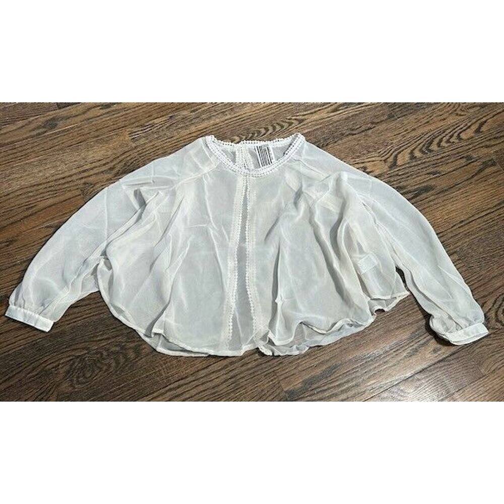 Free People Blouse Size S Crochet Trim Sheer Split Back Beige Romantic Feminine